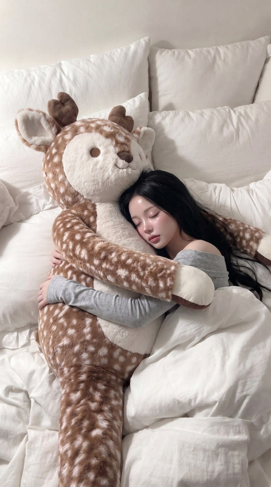 A person cuddling oversized Cloudfell in bed, showing its full-body proportions